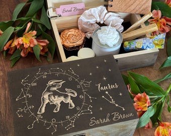 Caja de recuerdos de madera personalizada del zodiaco Tauro