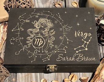 Virgo Zodiac Box, Zodiac Gifts, Custom Box Zodiac Sign, Astrology Gifts, Virgo Gifts, Personalized Wooden Box, Keepsake Box, Treasure Box