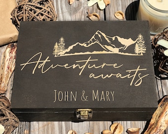 Personalized Wooden Keepsake Box: Adventure Awaits, Mountain Design