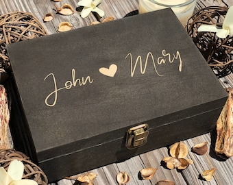 Engraved Wooden Memory Box: Personalized Keepsake, Custom Couple Gift