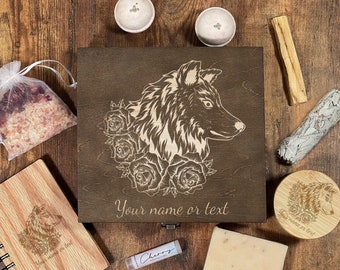 Wolf And Roses, Custom Box, Gift Set, Personalized Wooden Box, Birthday Box, Gift For Friend, Gift Box, Memory Box, Keepsake Box, Photo Box