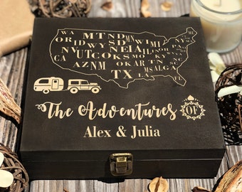 Adventures Box, Travel Gift, Wooden Box Personalized, USA Map Box, USA Travel, Travel Jewelry Box, Keepsake Box, Memory Box, Gift Box