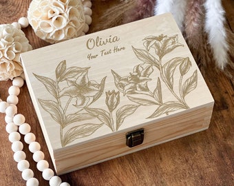 Personalized Gifts For Her, Custom Wooden Jewelry Box, Lily Design Box, Memory Box, Laser Engraving Wood, Keepsake Gift Box, Birthday Gifts