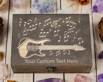 Custom Guitar Music Engraved Wooden Box - Personalized Text, Ideal Gift for Musicians and Music Lovers