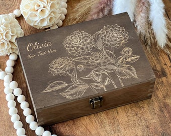 Personalized Gifts For Mom, Custom Wooden Box, Dahlia Flower Box, Memory Box, Antique Engraving Box, Keepsake Gift Box, Gift Box For Her