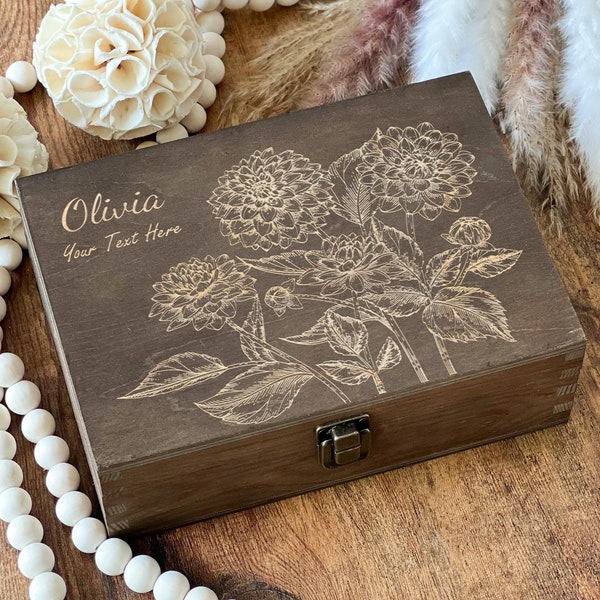 Personalized Gifts For Mom, Custom Wooden Box, Dahlia Flower Box, Memory Box, Antique Engraving Box, Keepsake Gift Box, Gift Box For Her