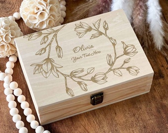 Personalized Flower Wooden Keepsake Box: Engraved Memory Box