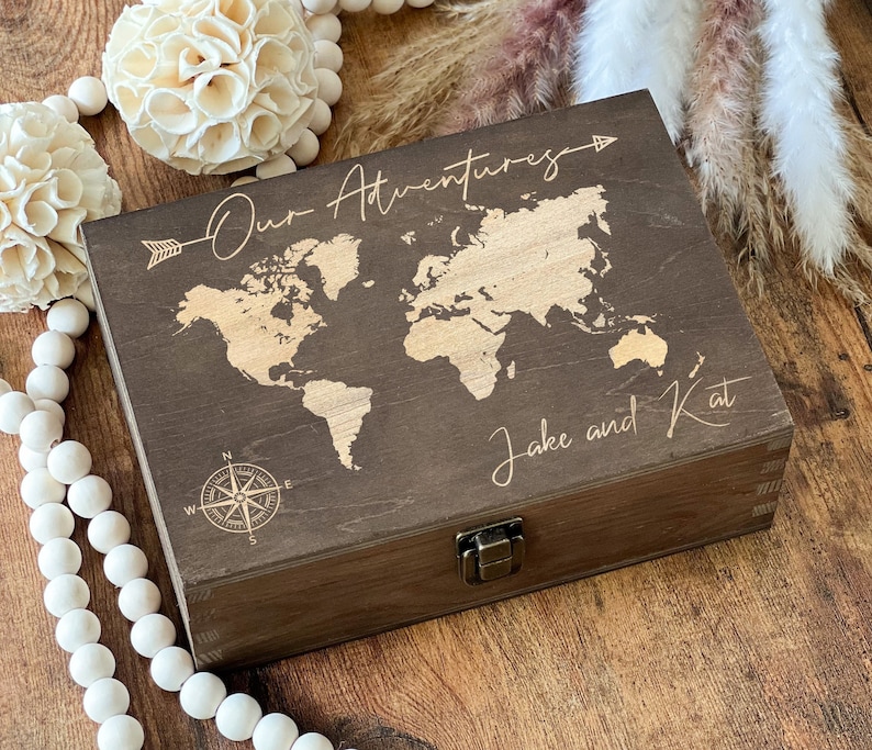 Our Adventures Box, Merry Christmas, Wooden Box, Custom Box, Keepsake Box, Memory Box, Wooden Anniversary Gift, Engraved Box, Travel Gifts image 1