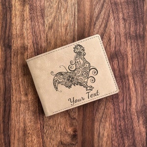 Cartera de cuero con mandala de gallo, arte campestre, ideal para entusiastas de lo rural, accesorio único