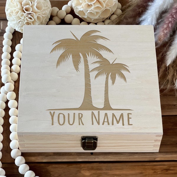 Tropical Palm Trees Engraved Wooden Box – Your Name Customized, Exotic Jewelry and Keepsake Organizer, Perfect Beach House Decor