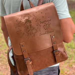 Sagittarius Zodiac, Personalized Leather Backpack, Boho Leather Engraving Backpack, Vegan Leather Bookbag, Gift Backpack, Zodiac Travel Bag