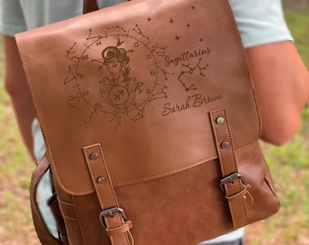 Sagittarius Zodiac, Personalized Leather Backpack, Boho Leather Engraving Backpack, Vegan Leather Bookbag, Gift Backpack, Zodiac Travel Bag