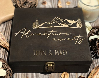 Personalized Mountain Wooden Keepsake Box: Adventure Awaits Travel Gift