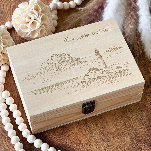 Lighthouse In Sea Wooden Box, Custom Name Box, Personalized Box, Keepsake Box, Wooden Memory Gift, Engraved, Gifts For Friend, Unique Box