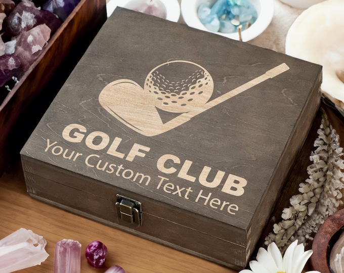 Elegant Golf Club Engraved Wooden Box – Perfect for Storing Golf Accessories and Keepsakes, Customize with Your Text