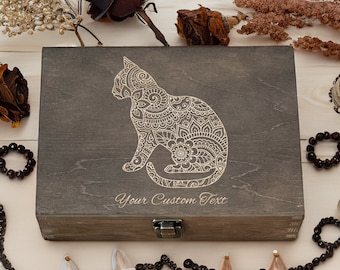 Bohemian Cat Engraved Wooden Box – Custom Text Personalized Keepsake or Jewelry Organizer, Handcrafted Gift for Cat Lovers, Home Decor