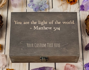 Matthew 5:14 Light of the World Box - Engraved Wooden Keepsake, Personalized Inspirational Scripture Gift