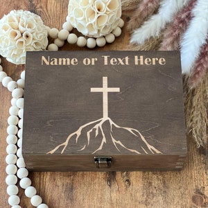 Personalized Cross Mountain Wood Box: Religious Keepsake Gift