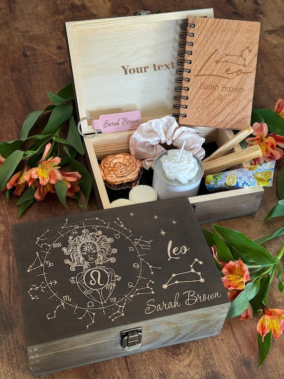Personalized Leo Zodiac Wooden Keepsake Box: Astrology Gift Set