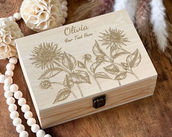 Personalized Dahlia Botanical Keepsake Box, Custom Name Gift
