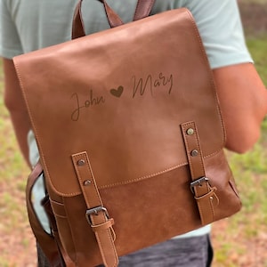 Heart, Personalizaed Leather Backpack, Boho Leather Engraving Backpack, Vegan Leather Bookbag, Gift Backpack, Engraving Art Gift For Couples