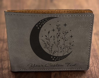 Moon Design Leatherette Wallet: Custom Engraved Witchy Gift
