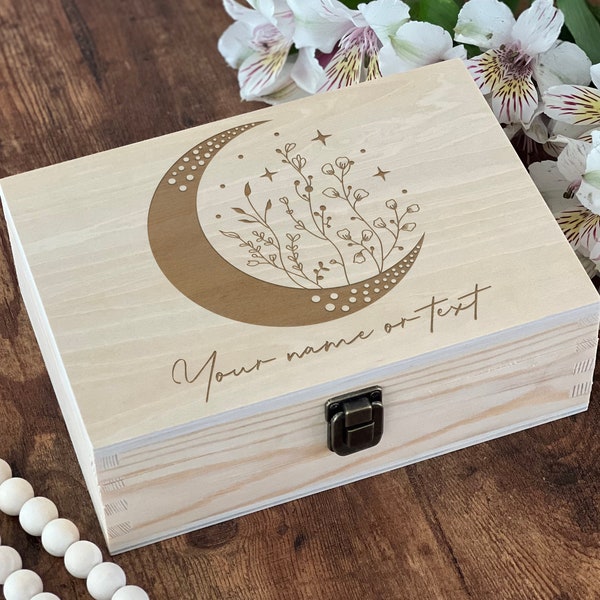 Enchanted Lunar Keepsake Box - Customizable Wooden Curiosity Chest - Ideal for Storing Crystals, Tarot Cards - Personalized Gift Option