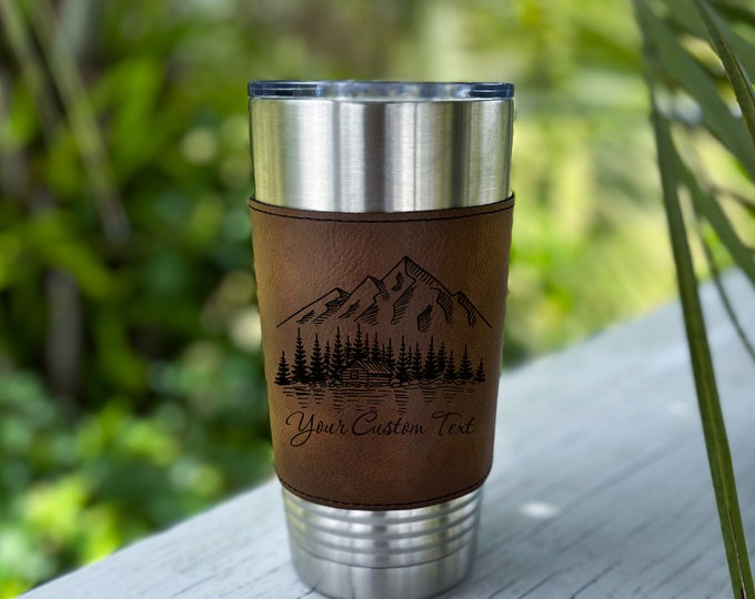 Personalized Adventure Tumbler, Engraved 20 oz Leatherette Travel Mug