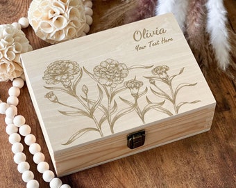 Personalized Gifts For Women, Custom Wood Engraving Box, Carnation Flower And Leaves, Memory Box, Keepsake Gift Box, Anniversary Gift Box