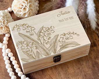 Lily Of The Valley Flower, Memorial Box, Keepsake Box, Custom Box, Personalized Teacher Gifts, Wooden Anniversary Gift, Gift From Daughter