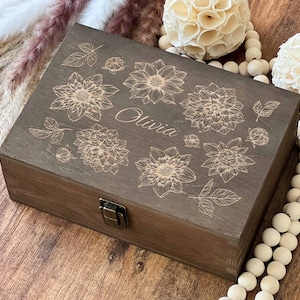 Peut inclure: Coffret rectangulaire en bois brun foncé, orné de motifs floraux gravés et du nom "Olivia". Le couvercle est gravé. Fermeture par un fermoir métallique. Idéal pour ranger des souvenirs ou petits objets.