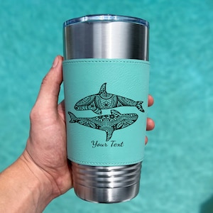 Tumbler 20oz Leather Custom Engraving with Orca Killer Whales - Perfect Gift for Wildlife Enthusiasts, Nature Lovers - Ideal for Birthdays