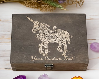 Magical Unicorn Engraved Wooden Box - Personalize with Your Text, Artistic Keepsake for Fantasy Lovers