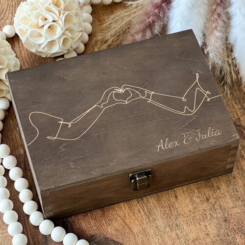 Coffret souvenir personnalisé pour couple, cadeau souvenir en forme de cœur.