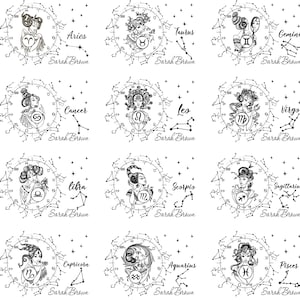 May include: A set of 12 zodiac signs, each with a unique illustration of a woman with a constellation and astrological symbol. The signs are Aries, Taurus, Gemini, Cancer, Leo, Virgo, Libra, Scorpio, Sagittarius, Capricorn, Aquarius, and Pisces. Each sign is labeled with the name of the sign and the artist's name, Sarah Brown.