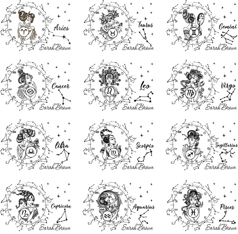 May include: A set of 12 zodiac signs, each with a unique illustration of a woman with a constellation and astrological symbol. The signs are Aries, Taurus, Gemini, Cancer, Leo, Virgo, Libra, Scorpio, Sagittarius, Capricorn, Aquarius, and Pisces. Each sign is labeled with the name of the sign and the artist's name, Sarah Brown.