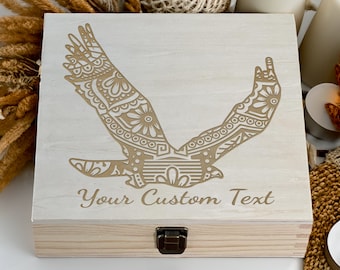 Personalized Engraved Eagle Wooden Keepsake Box – Custom Text