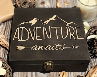 Adventure awaits Box, Personalized Wooden Box, Custom Box, Memory Box, Keepsake Box, Gift Ideas, Rustic, Engraved Box, Travel, Decor Wood