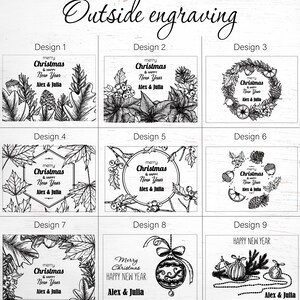 May include: Nine different designs for a Christmas or New Year's gift box. Each design features a different black and white illustration of a Christmas or New Year's theme, such as a wreath, a poinsettia, or a Christmas tree. The text "merry Christmas & HAPPY New Year Alex & Julia" is included in most of the designs.