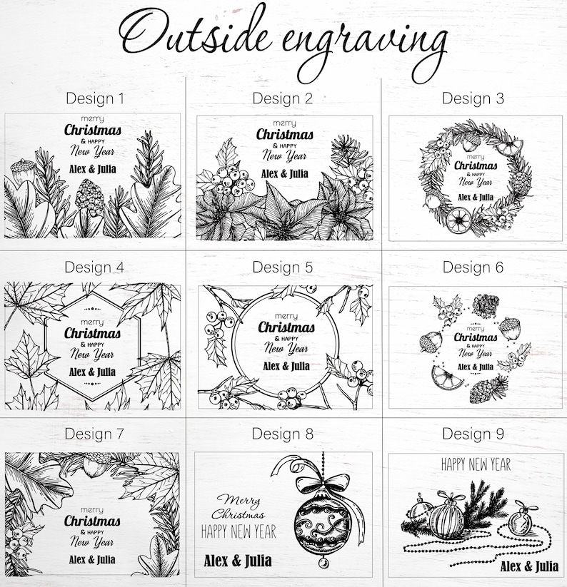 May include: Nine different designs for a Christmas or New Year's gift box. Each design features a different black and white illustration of a Christmas or New Year's theme, such as a wreath, a poinsettia, or a Christmas tree. The text "merry Christmas & HAPPY New Year Alex & Julia" is included in most of the designs.