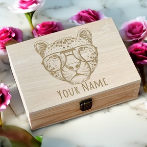 Wooden Box Hipster Cat Engraved - Custom Text Jewelry & Keepsake Holder, Whimsical Gift for Cat Lovers