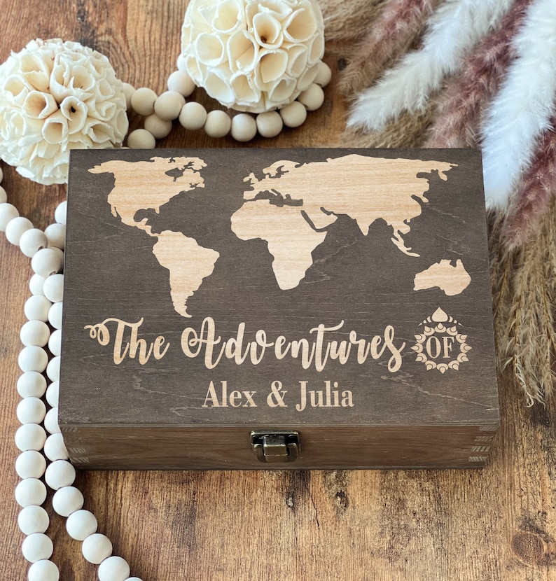 Keepsake Box, Adventure, World Map Box, Travel, Decorative, Personalized Box, Memory Box, Wedding Gift, Treasure, Wooden Box Anniversary image 6