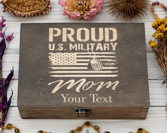 Proud U.S. Military Mom Custom Wooden Box - Personalized Engraved Keepsake for Service