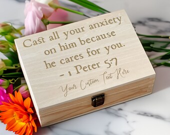 Engraved Wooden Keepsake Box – 1 Peter 5:7 Verse, Personalized Gift