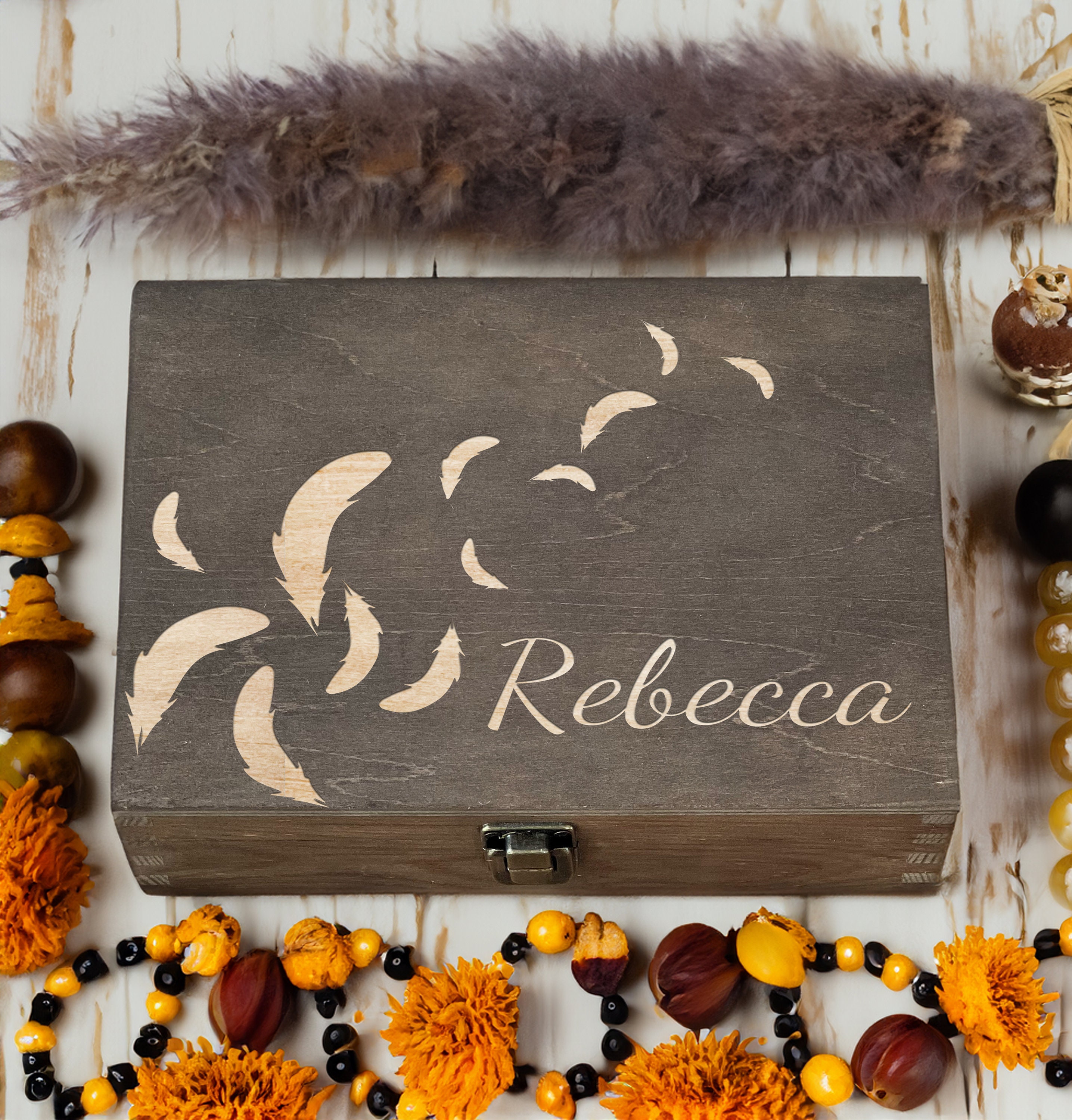 Feather Display Box Elegant Bird Feather Storage Box - Custom Engraved Wooden Keepsake ...