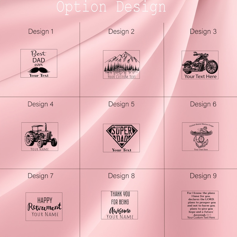 Op de afbeelding: Negen verschillende ontwerpen voor een gepersonaliseerd cadeau. De ontwerpen omvatten een tractor, een berglandschap, een motorfiets, een superheld, een militair embleem, een pensioenboodschap, een bedankbericht en een religieuze boodschap. Elk ontwerp heeft ruimte voor een gepersonaliseerde tekst.