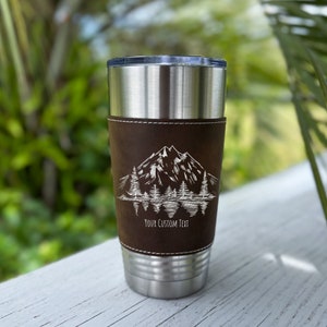Embark on New Adventures: Bespoke 20oz Leather Tumbler, Custom Engraved - The Perfect Anniversary or Birthday Gift for Outdoor Enthusiasts