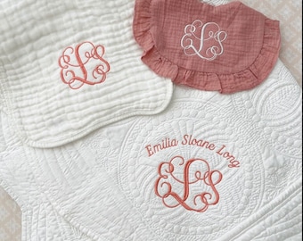 Personalized Baby Girl Gift Bundle|Custom Baby Girl Gift|Embroidered Baby Bib|Monogrammed Baby Girl Blanket|Baby Shower Gift|Baby Burp Cloth