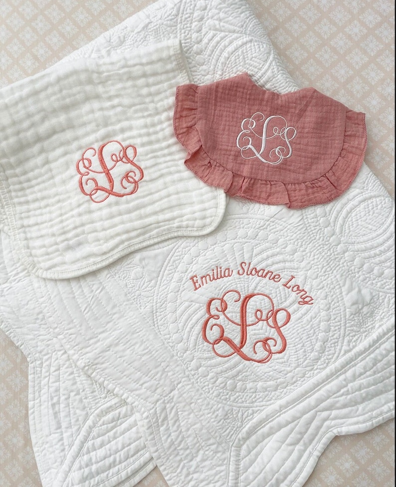 Personalized Baby Girl Gift BundleCustom Baby Girl GiftEmbroidered Baby BibMonogrammed Baby Girl BlanketBaby Shower GiftBaby Burp Cloth image 1