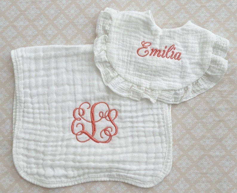 Personalized Baby Girl Gift BundleCustom Baby Girl GiftEmbroidered Baby BibMonogrammed Baby Girl BlanketBaby Shower GiftBaby Burp Cloth image 6
